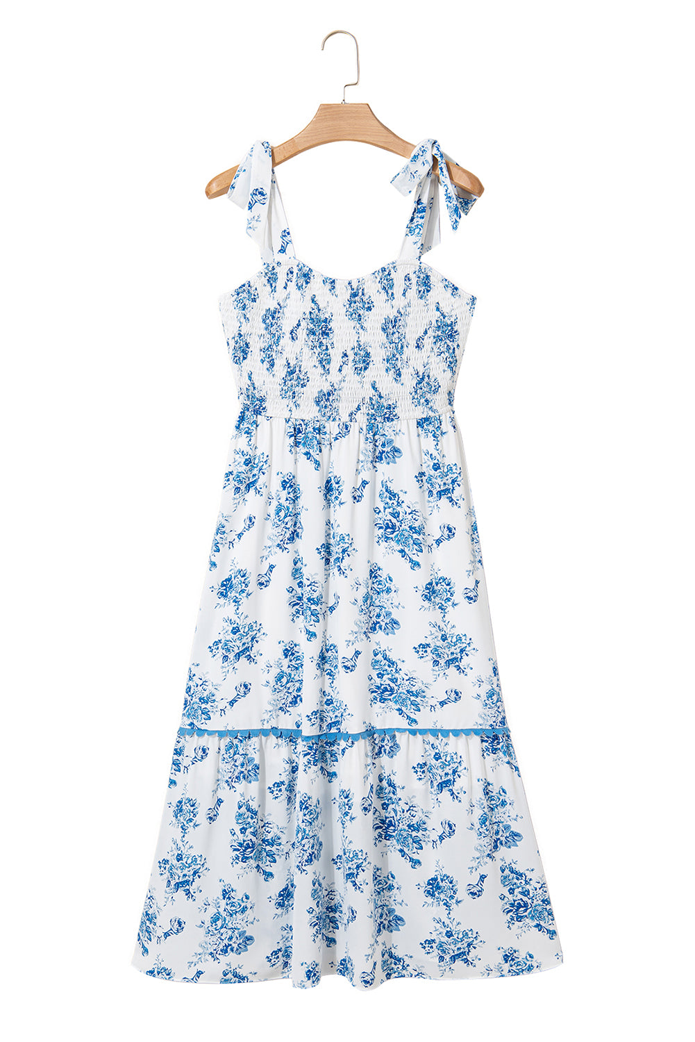 Floral Print Shirred Knot Shoulder Sleeveless Long Dress