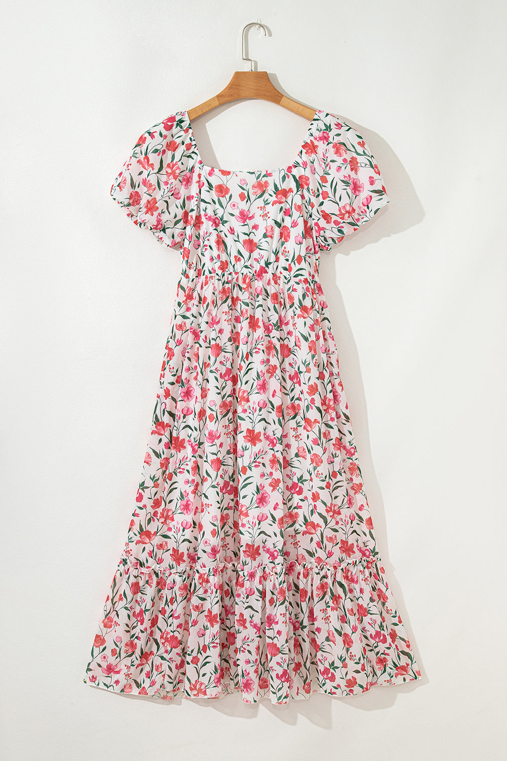 Floral Puff Sleeve Square Neck Empire Waist Tiered Maxi Dress