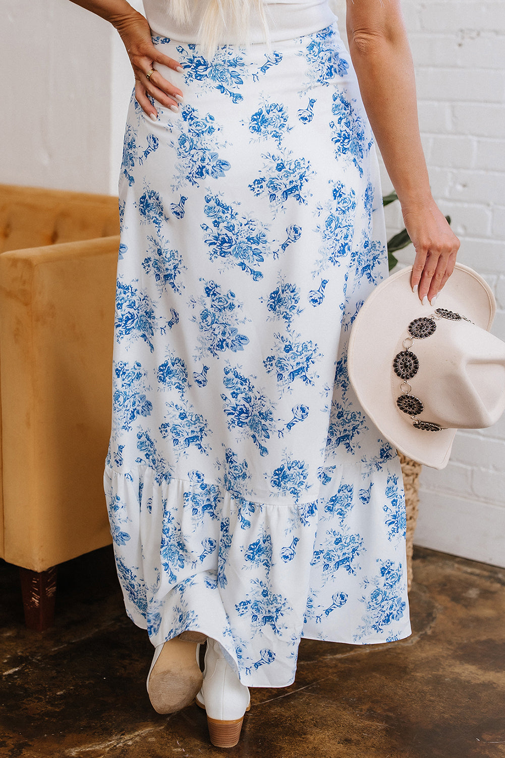 Boho Floral High Waist Ruffle Split Maxi Skirt