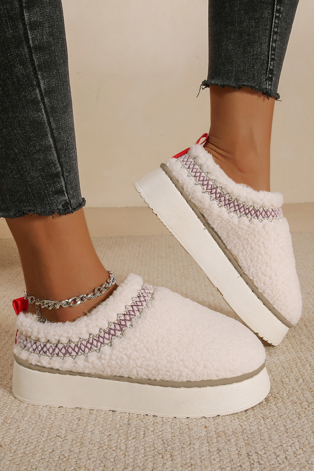 Embroidered Sherpa Plush Thick Sole Snow Boots