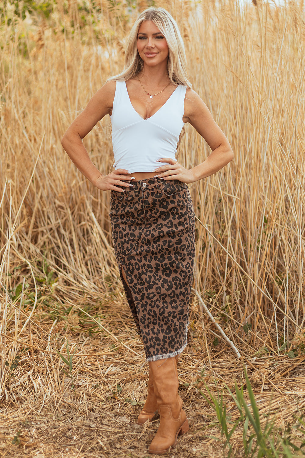 Leopard Denim Frayed Split Denim Midi Skirt