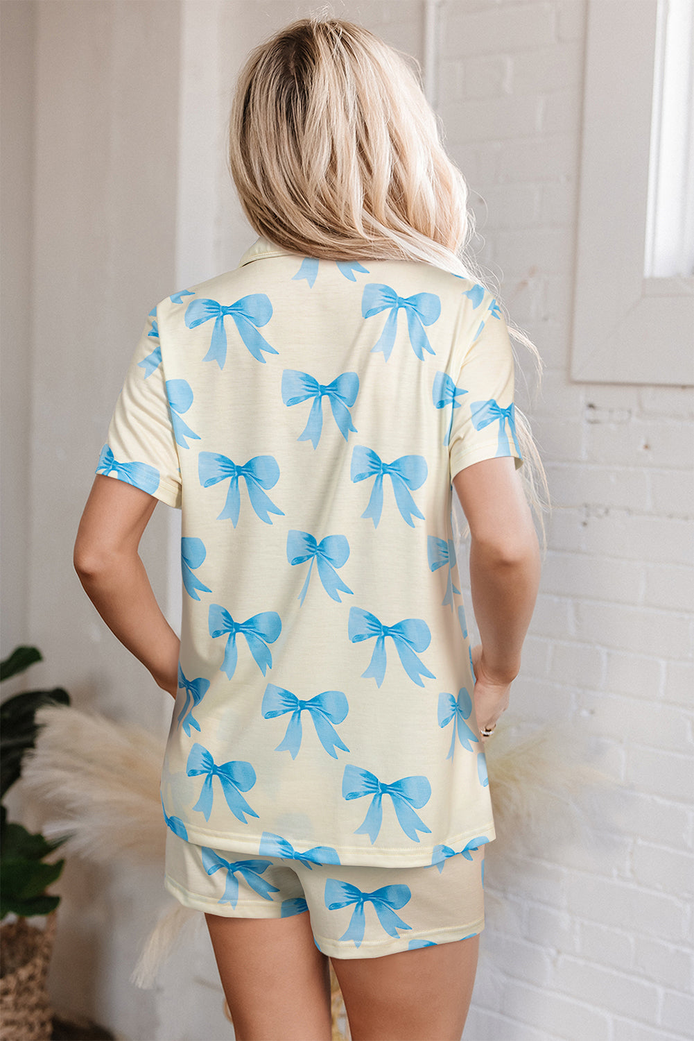 Bow Printed Short Sleeve Shirt Shorts Pajama Set