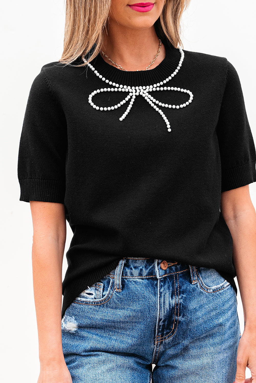 Pearl Bow Necklace Embellished Short Sleeve Knitted T Shirt
