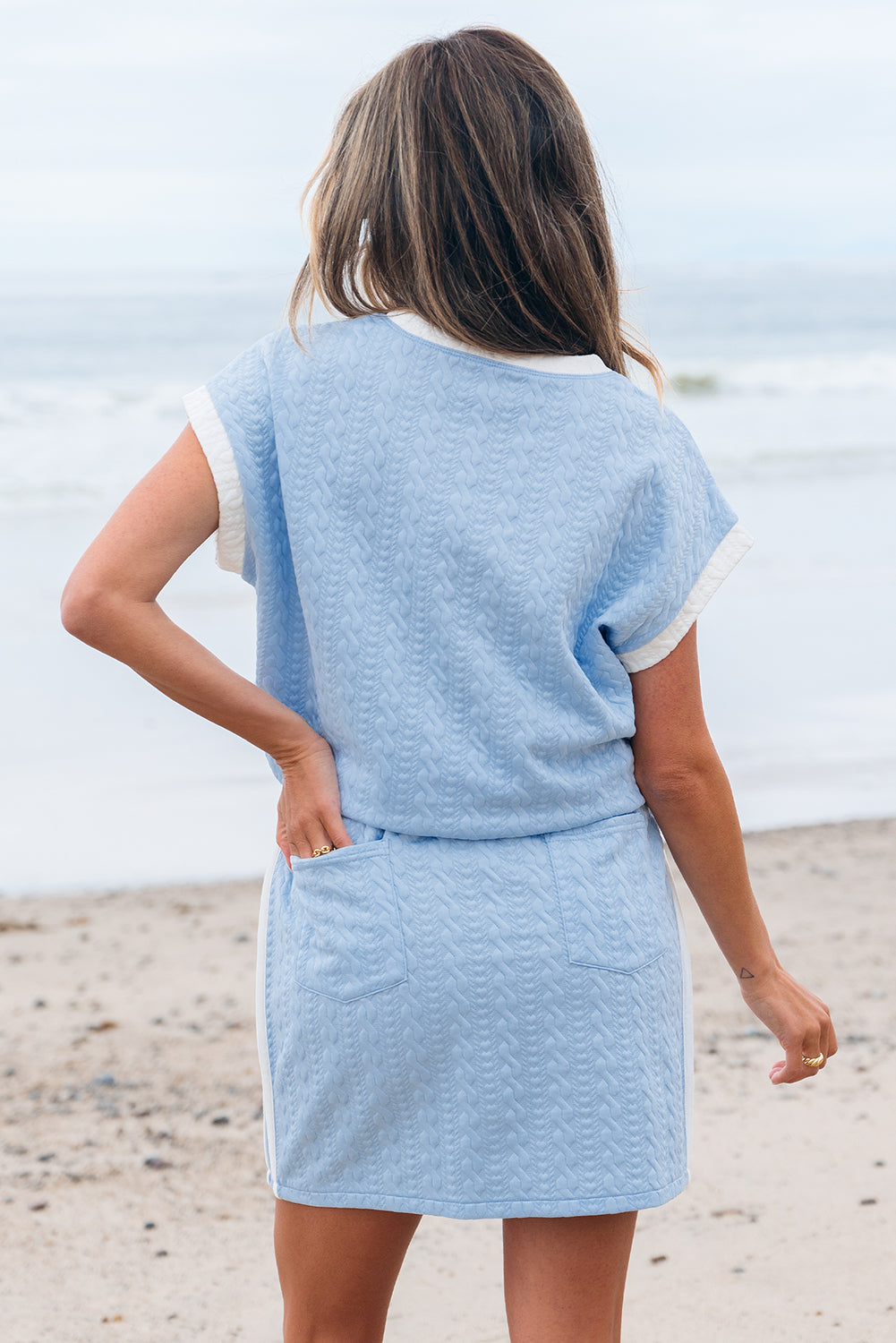 Contrast Trim Textured Crewneck Tee and Pocketed Skirt Set