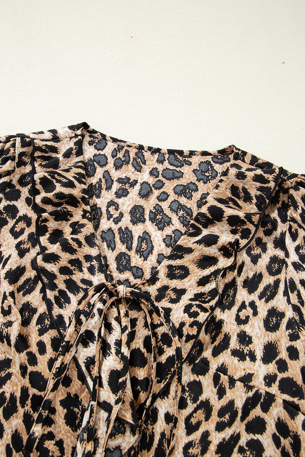Leopard Ruffled Neck Cascading Puff Short Sleeve Top