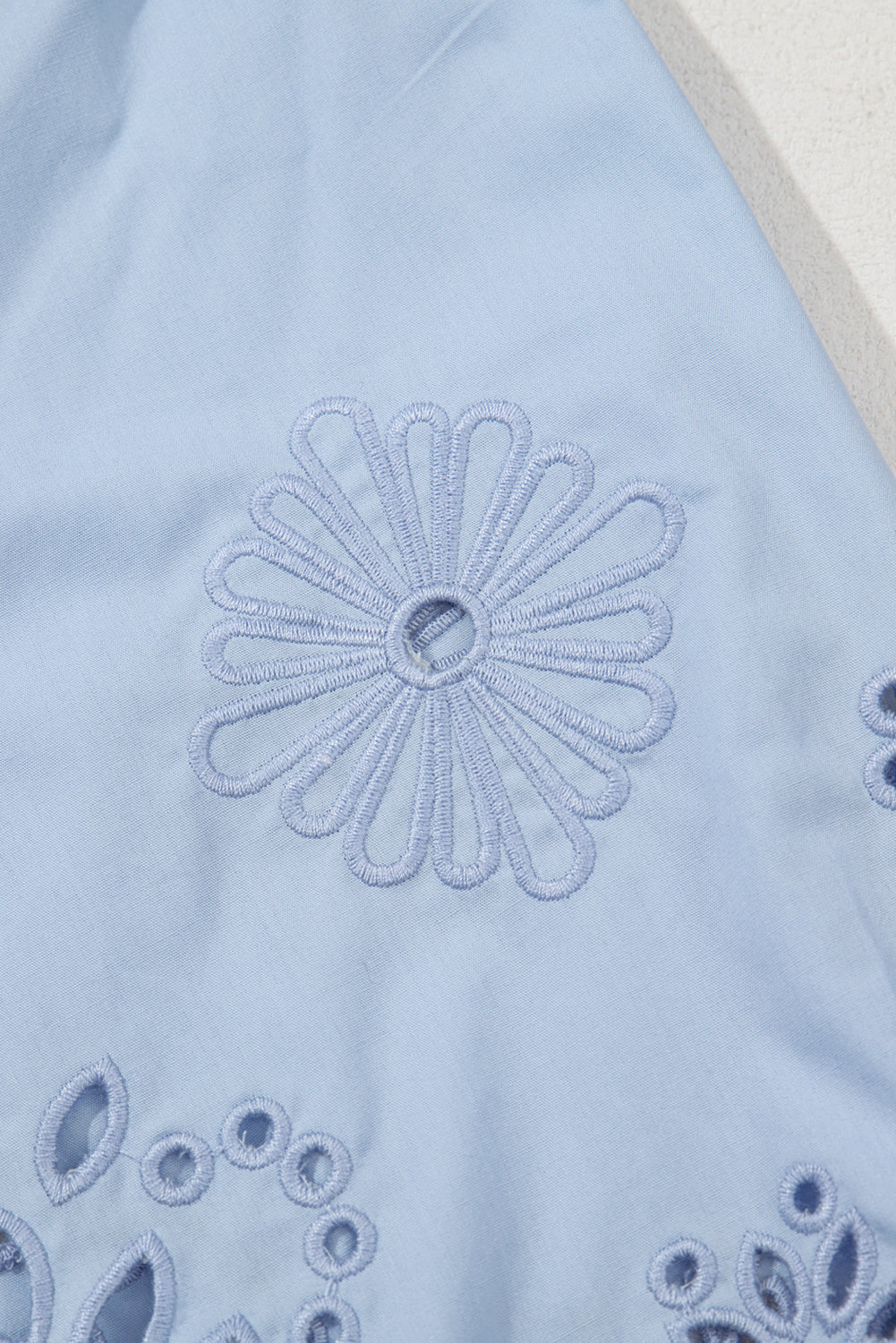 Eyelet Flower Embroidered Puff Short Sleeve Patchwork Crew Neck Blouse