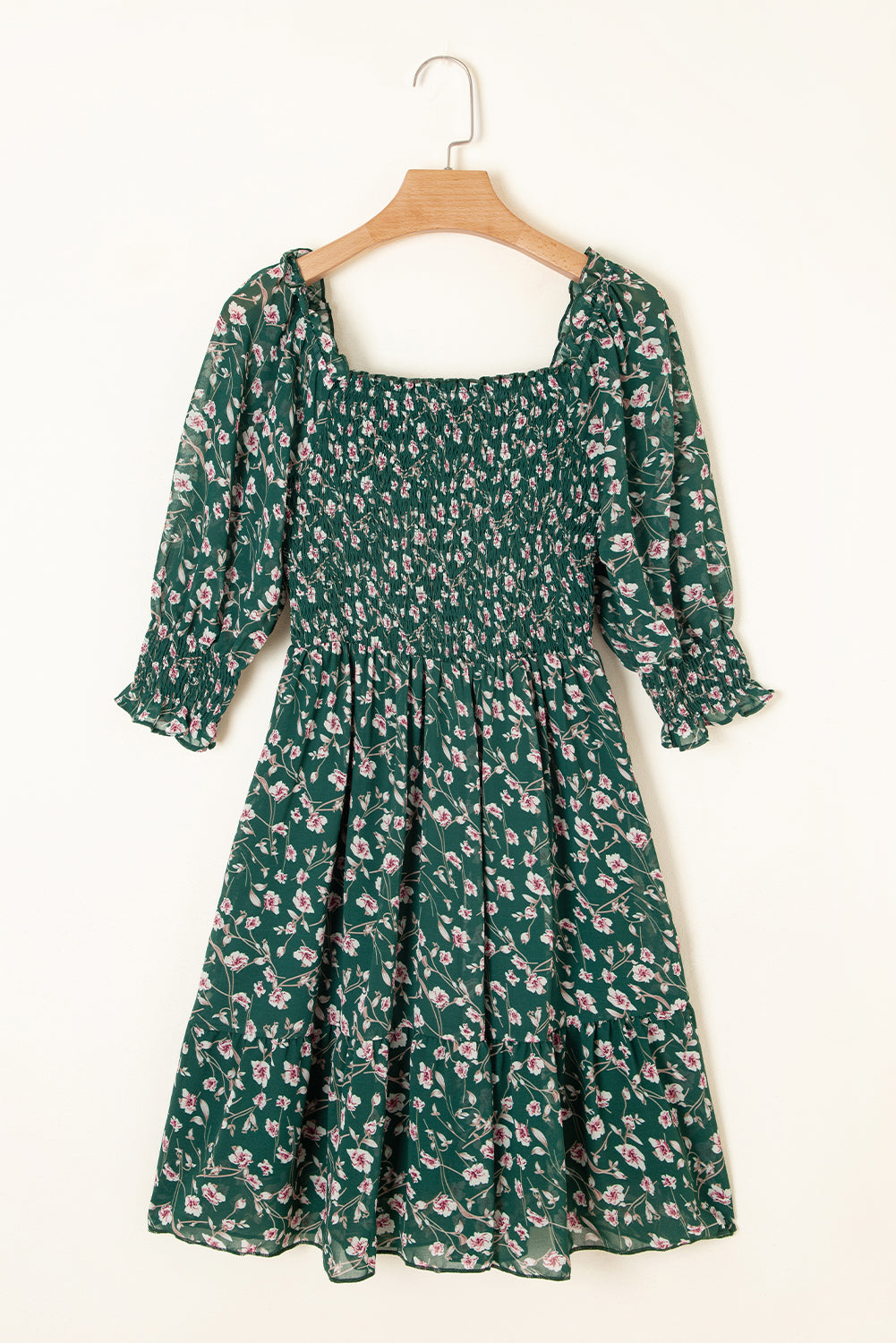 Smocked Square Neck Puff Short Sleeve Floral Dress