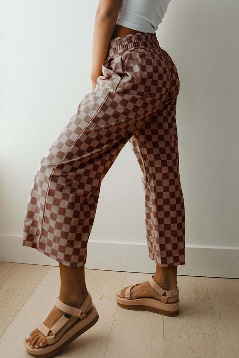 Checkered Elastic High Waist Loose Casual Pants