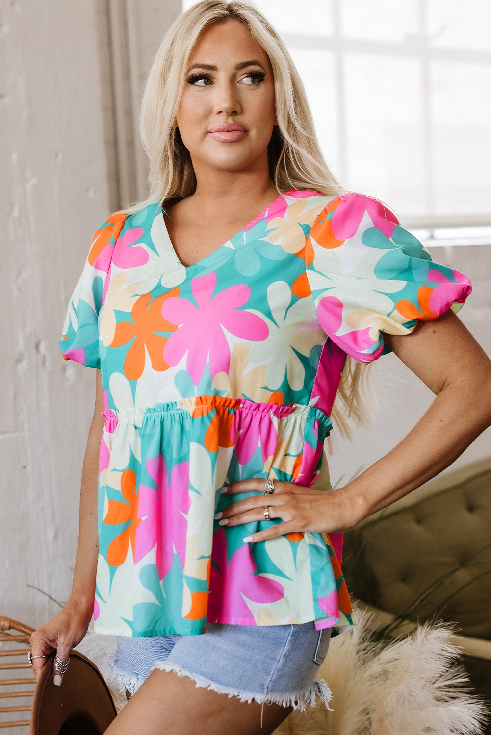 Floral Print Bubble Sleeve V Neck Peplum Blouse