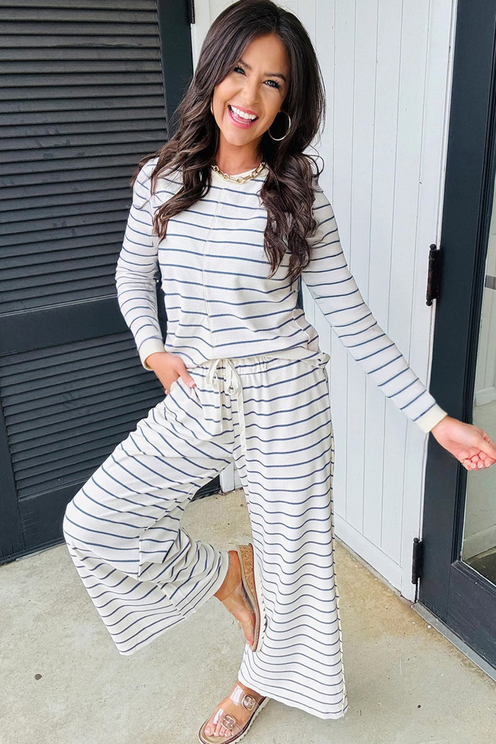 Striped Long Sleeve Top Drawstring Wide Leg Pants 2pcs Outfit