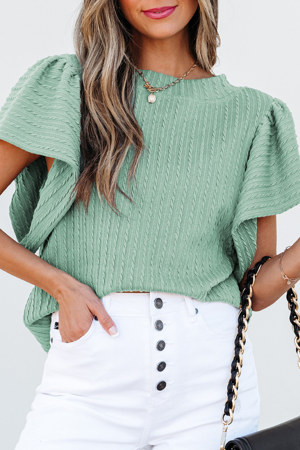 Solid Color Textured Flutter Sleeve Top