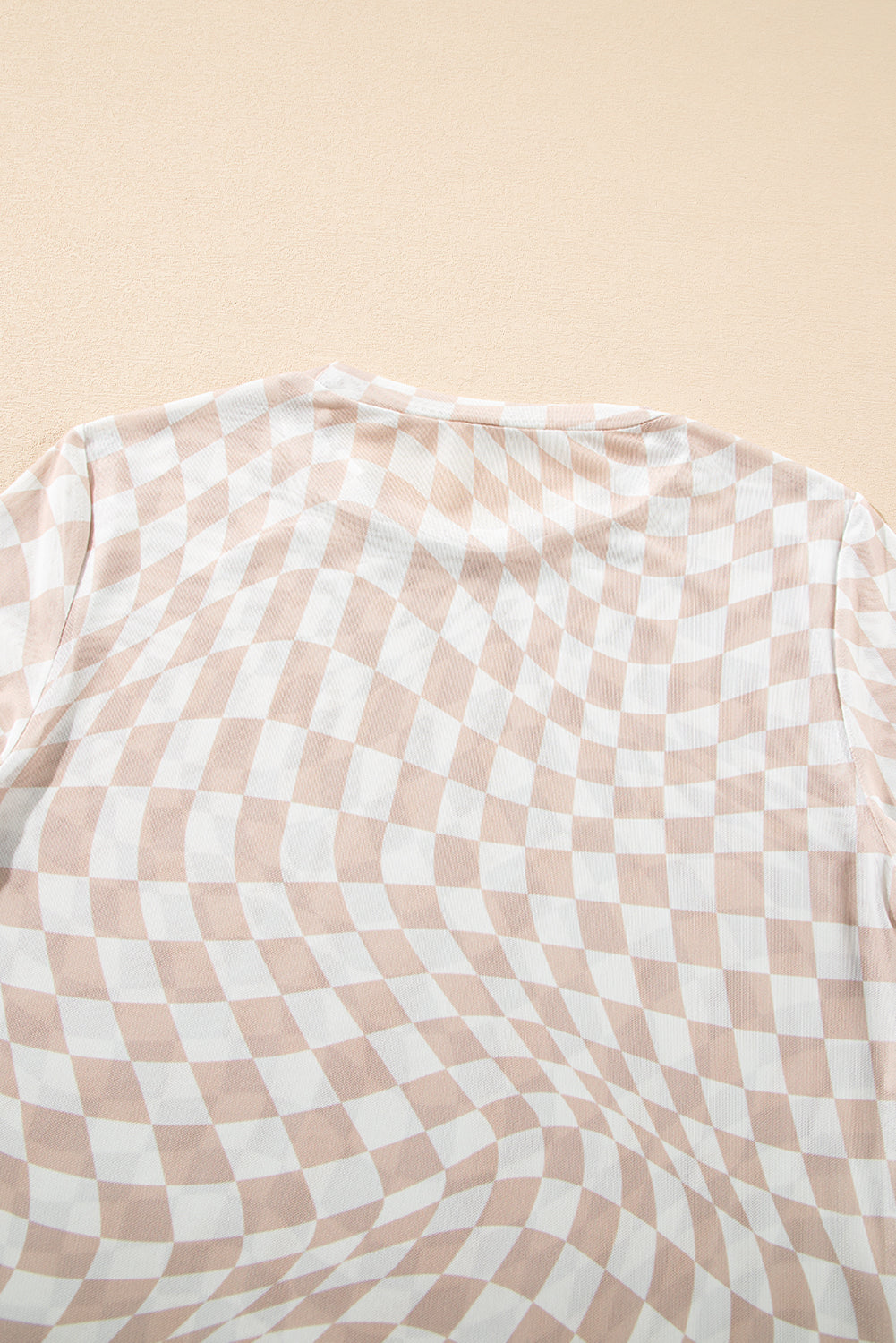 Checkered Pattern Mesh Mock Neck Long Sleeve Top