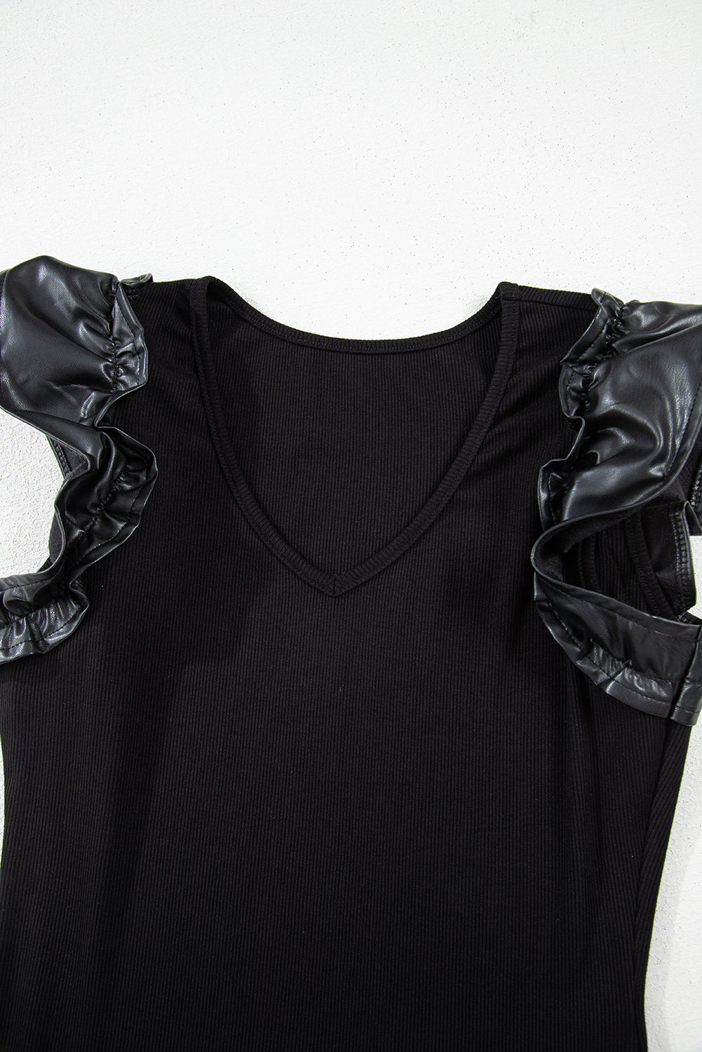 Leatherette Ruffle Patchwork Ribbed V Neck Bodysuit