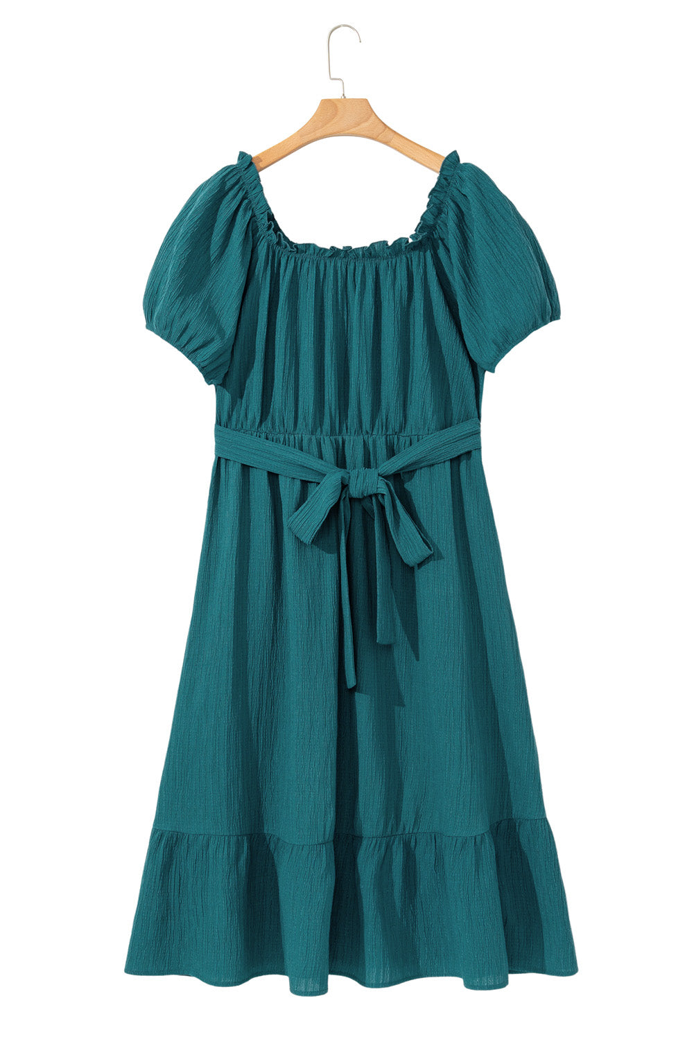 Frilled U Neck Puff Sleeve Belted Ruffle Hem Plus Size Midi Dress