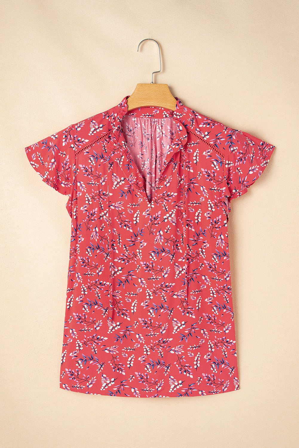 Floral Tie Split Neck Short Flounce Sleeve Crinkled Blouse