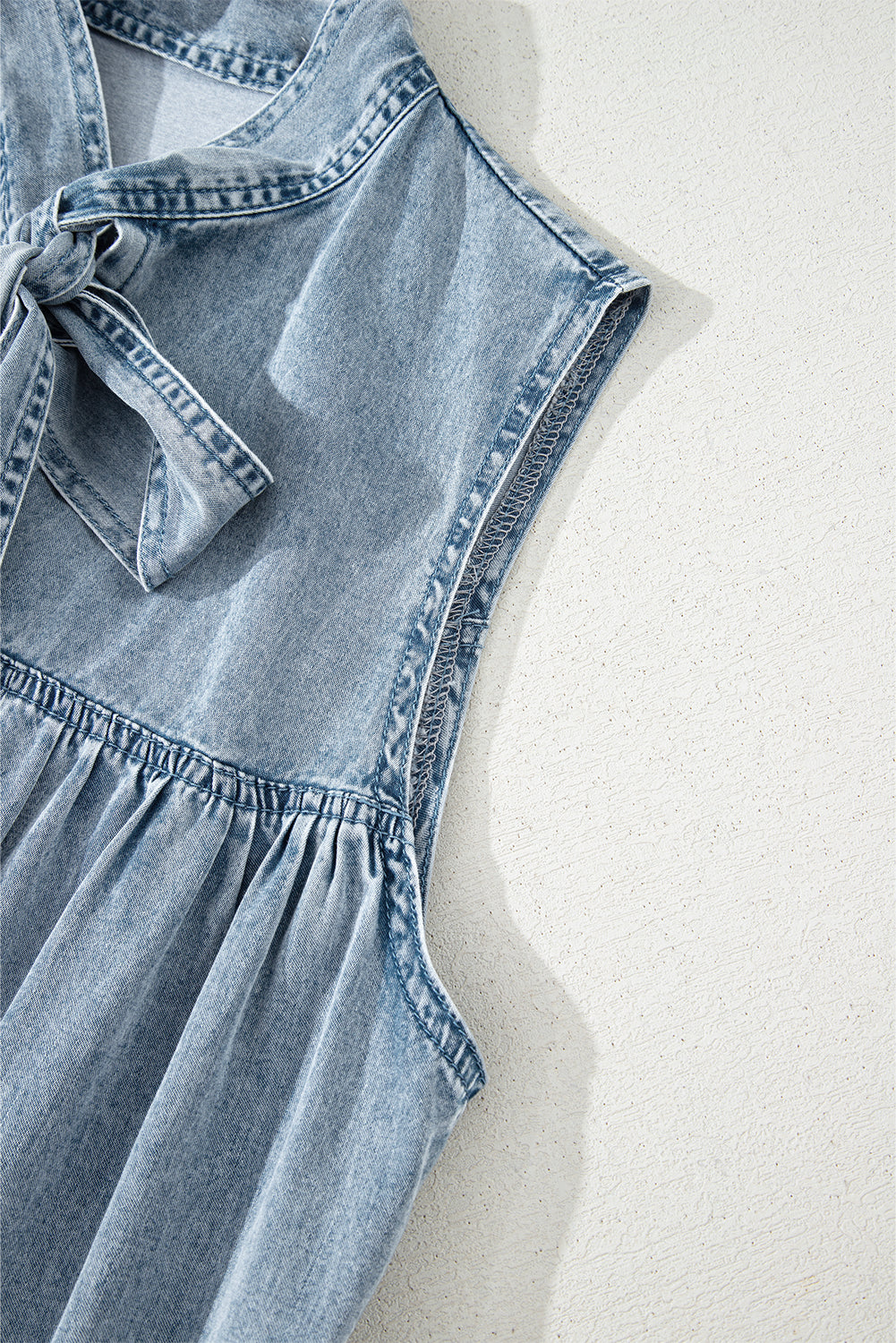 Bowknot Neck Sleeveless Ruffled Chambray Dress