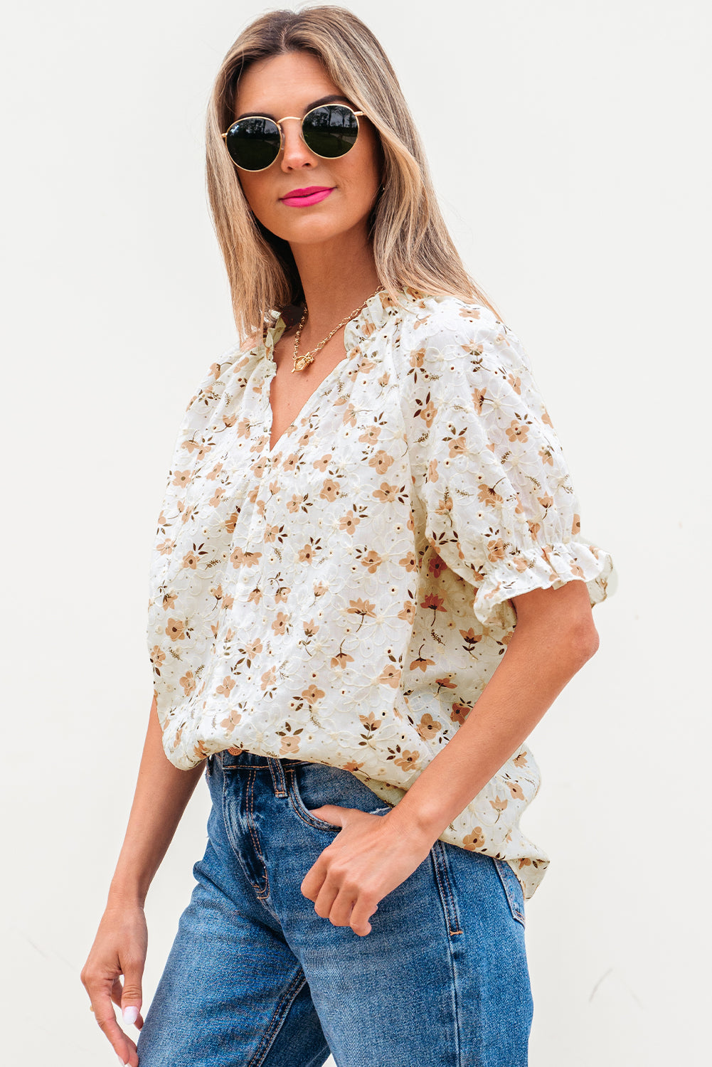 Floral Eyelet Embroidered Puff Sleeve Notch V Neck Blouse