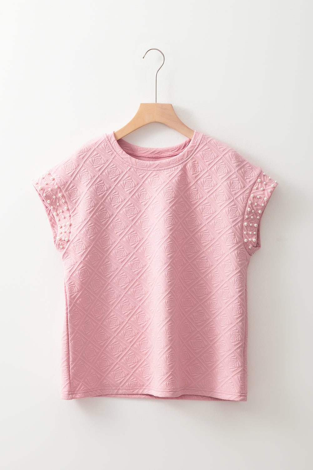 Pearl Embellished Flower Textured T Shirt