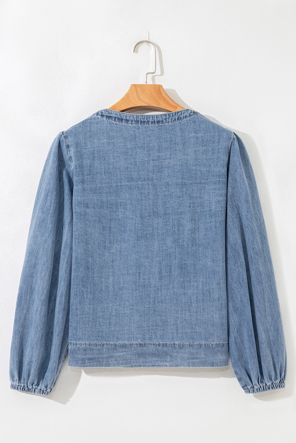 Tied Front Long Puff Sleeve Denim Top