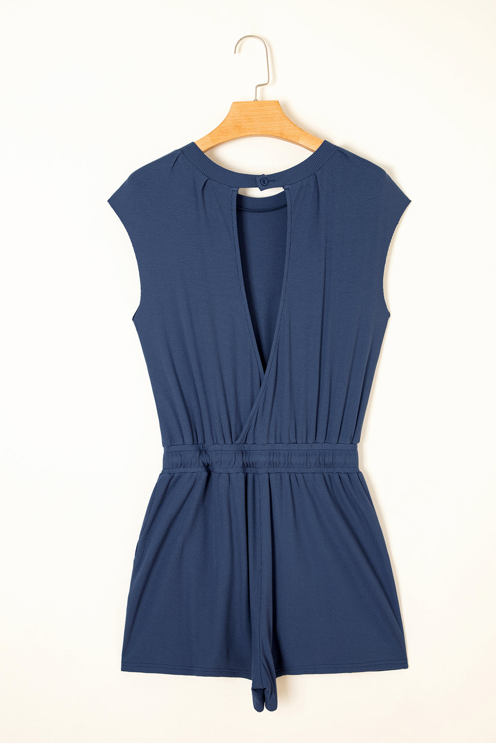 Knit Open Back Cap Sleeve Drawstring Romper