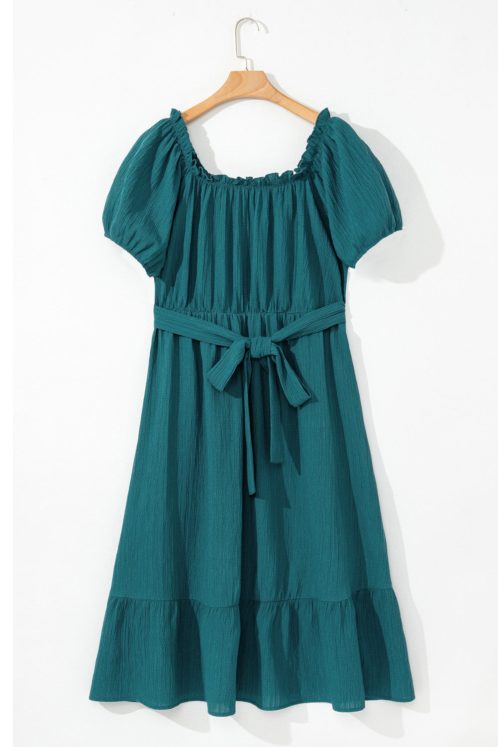 Frilled U Neck Puff Sleeve Belted Ruffle Hem Plus Size Midi Dress