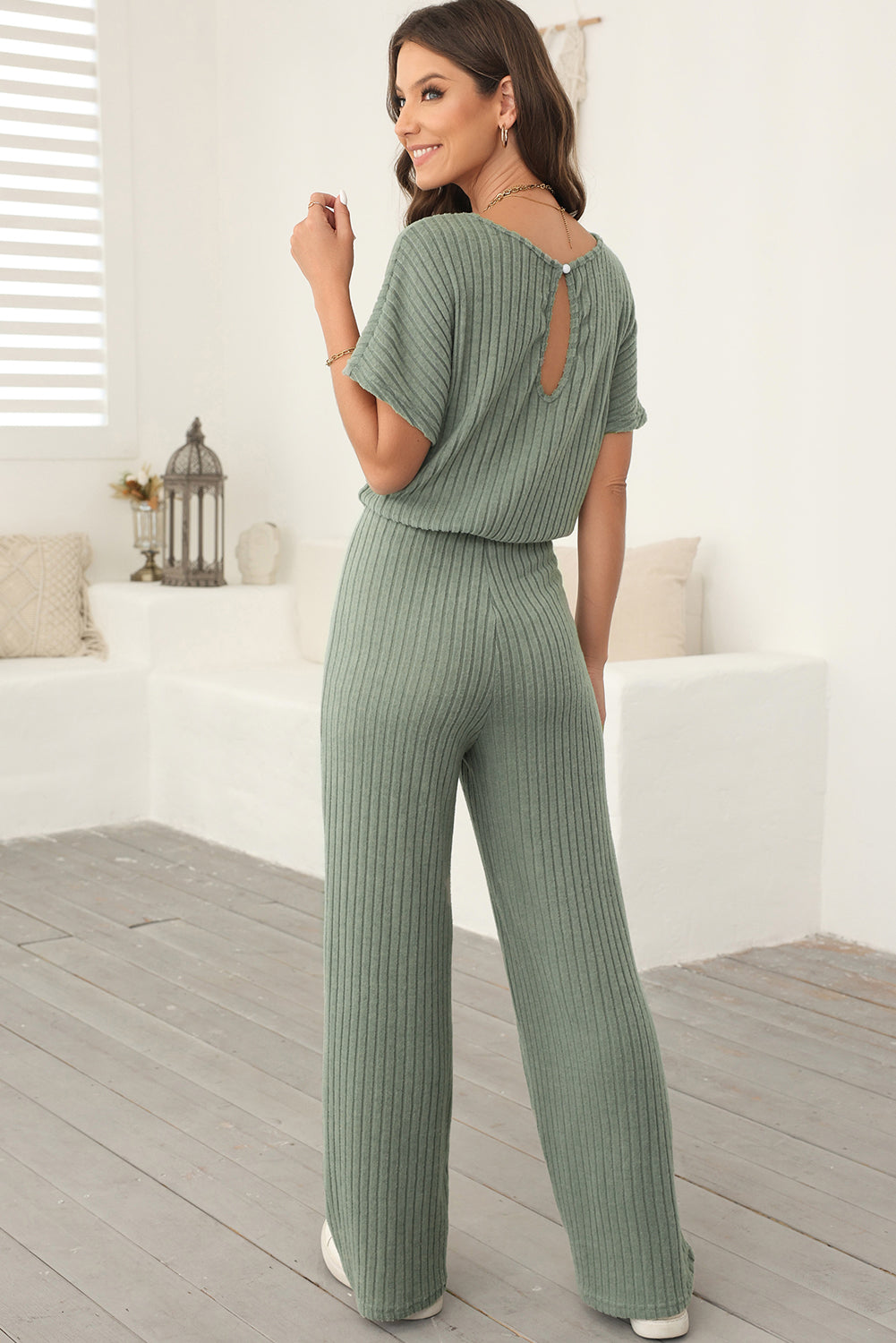 Ribbed Keyhole Short Sleeve Wide Leg Jumpsuit
