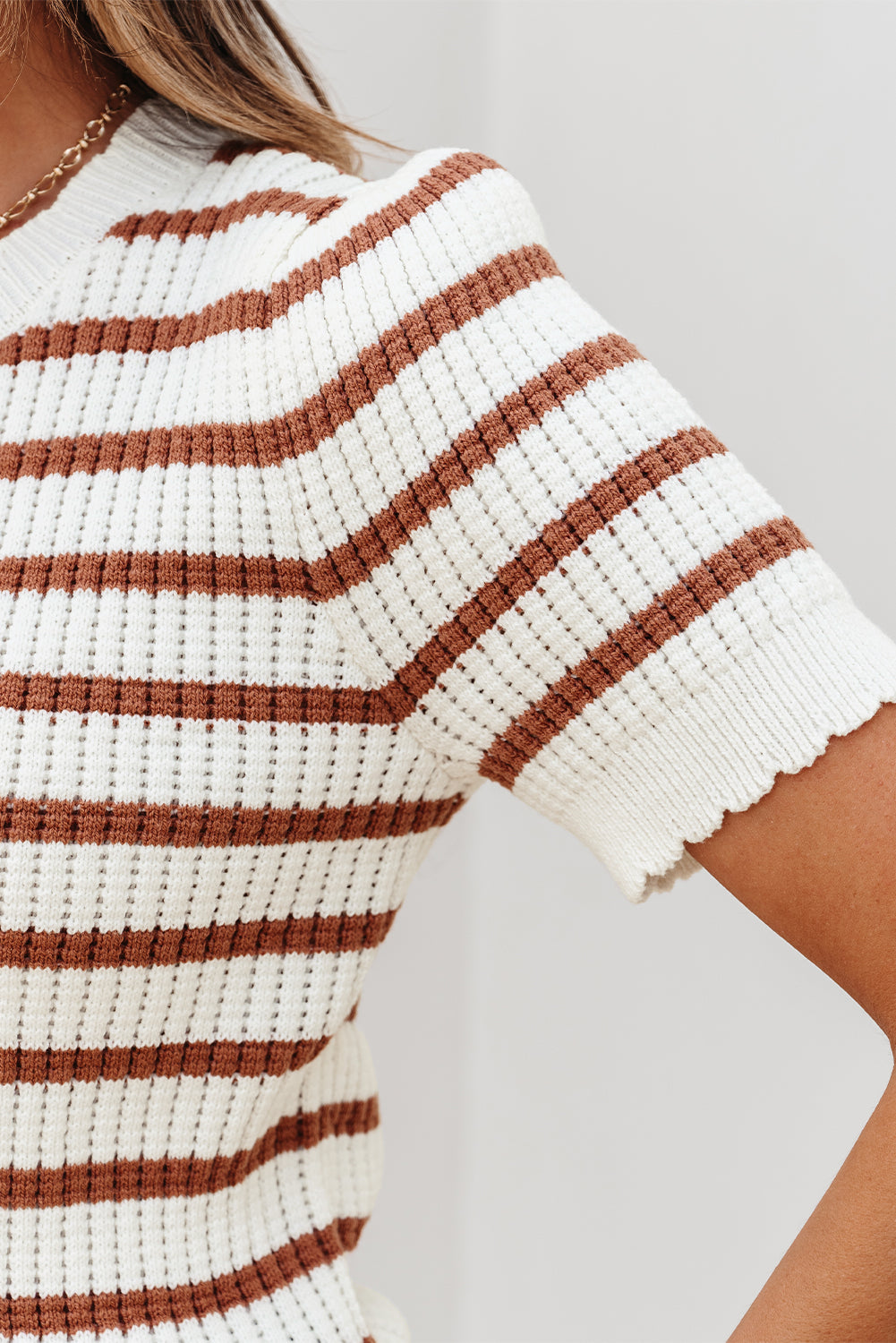 Scalloped Round Neck Short Sleeve Sweater