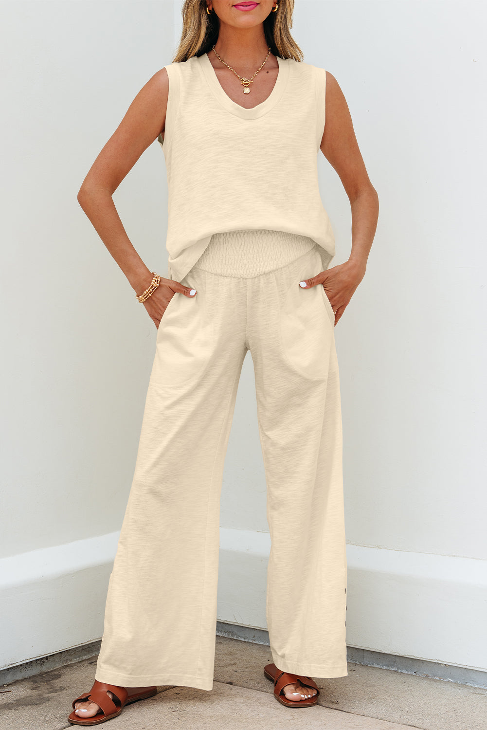Solid Color Tank Top and Smocked Waist Pants Set