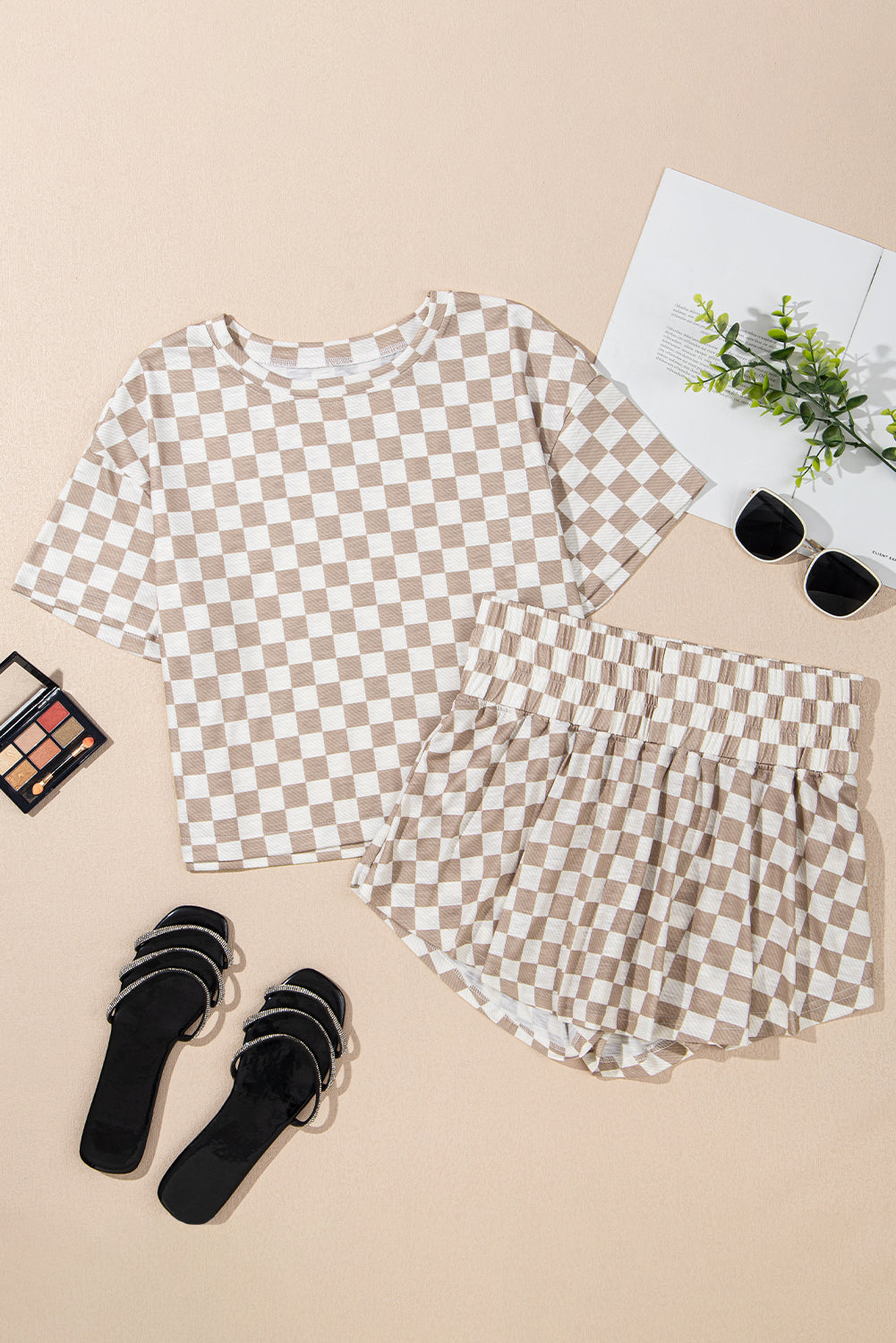 Checkerboard T Shirt and High Waist Skorts 2 Piece Outfit