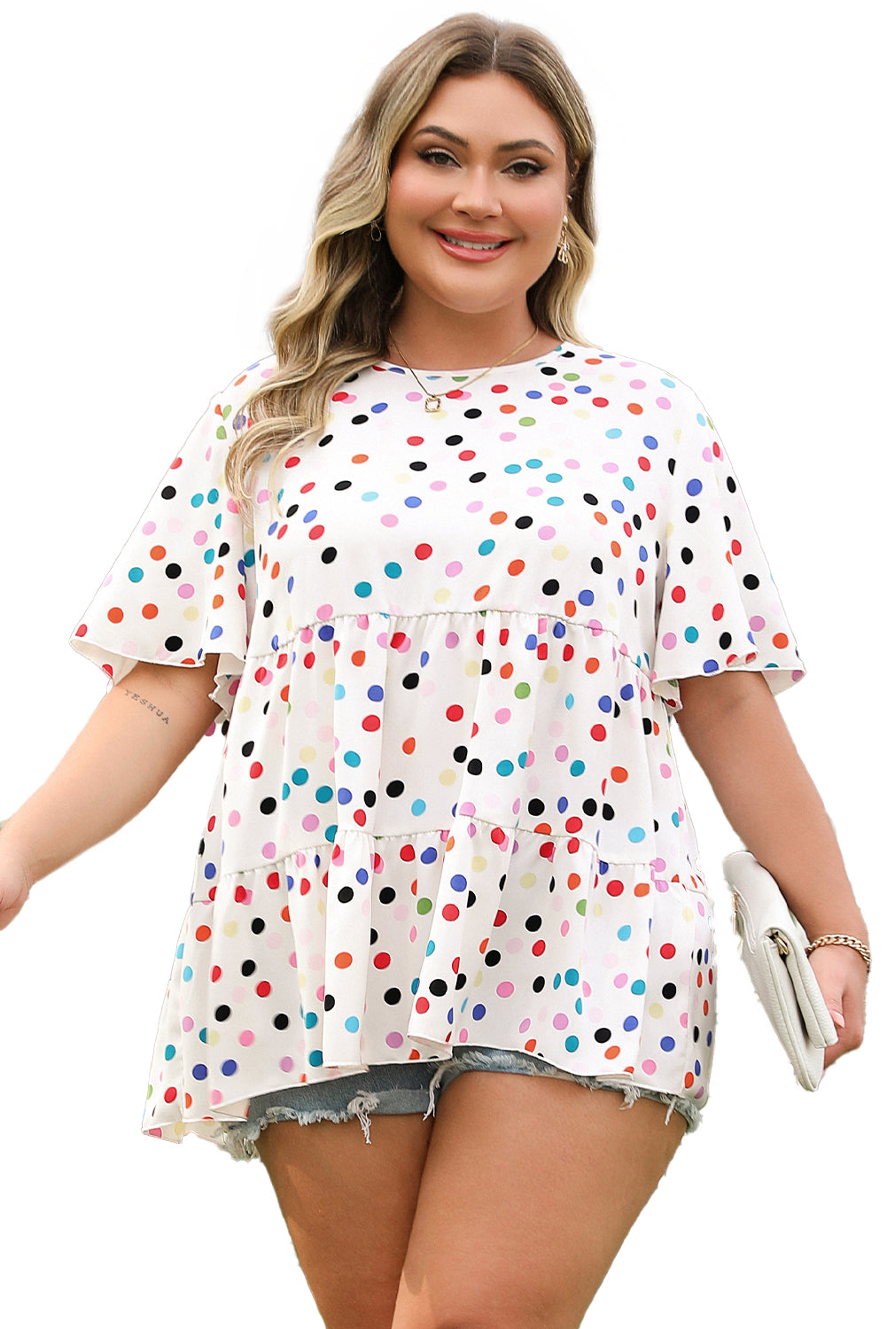 Colorful Polka Dot Print Short Sleeve Ruffled Plus Size Babydoll Blouse