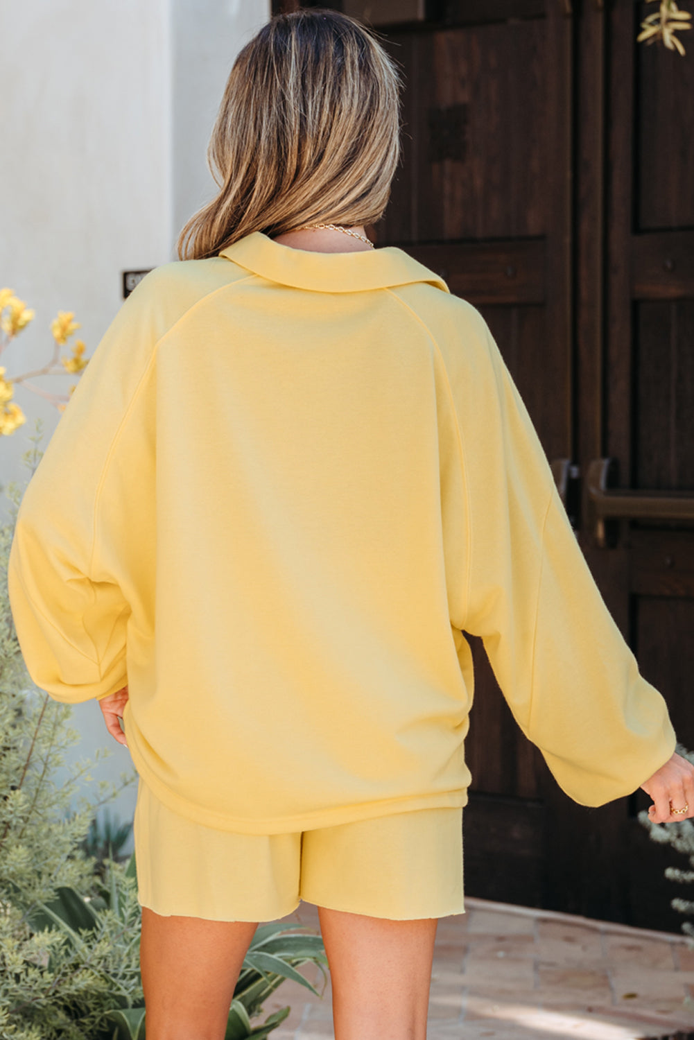 Button Collar Drop Shoulder Pullover and Shorts 2pcs Outfit