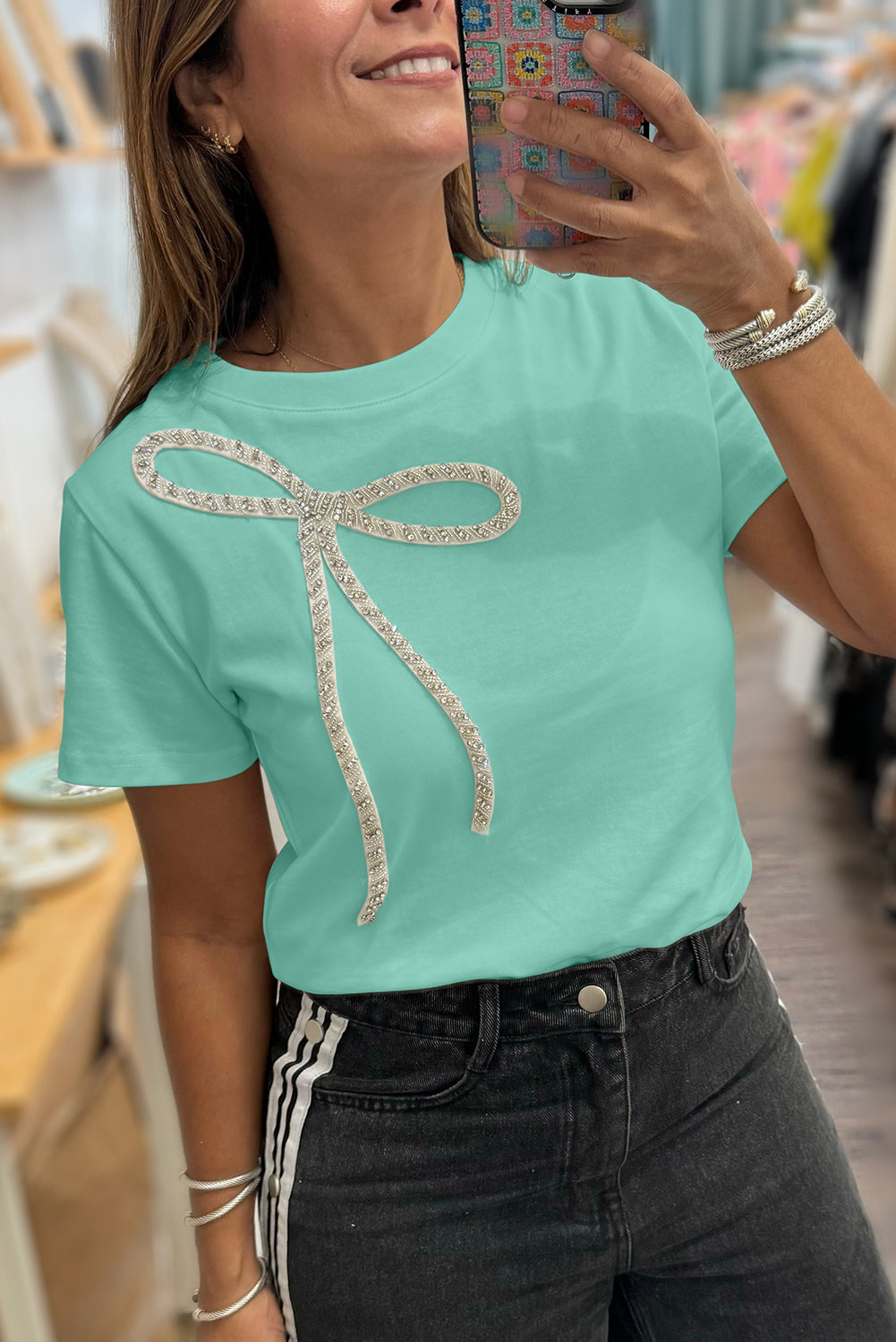 Rhinestone Bow Embellished Round Neck Tee
