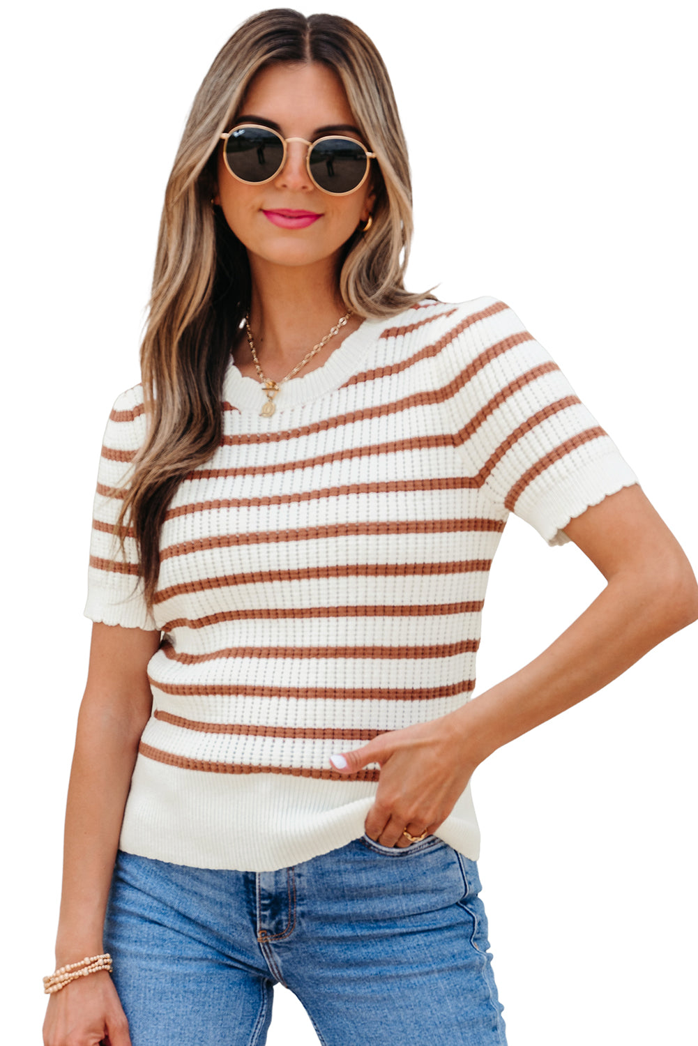 Scalloped Round Neck Short Sleeve Sweater