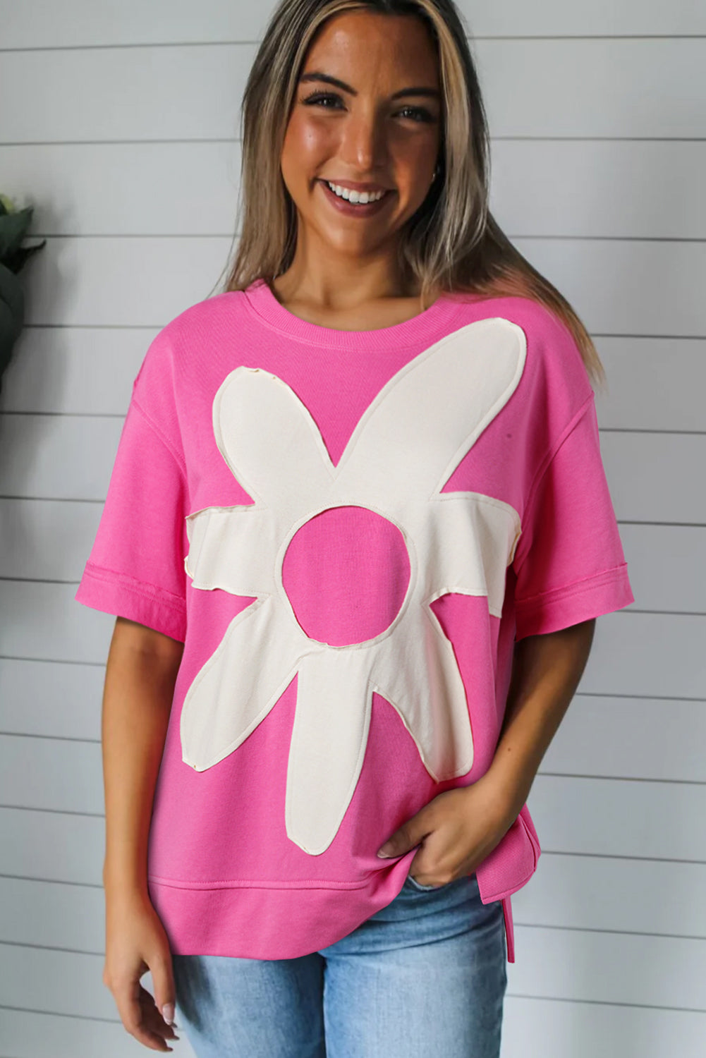 Contrast Flower Drop Shoulder Loose T Shirt