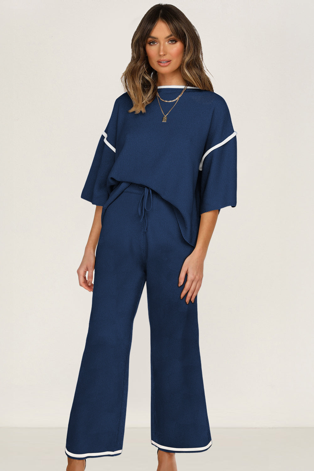 Contrast Trim Half Sleeve Top Drawstring Pants Loose 2pcs Sweater Suit