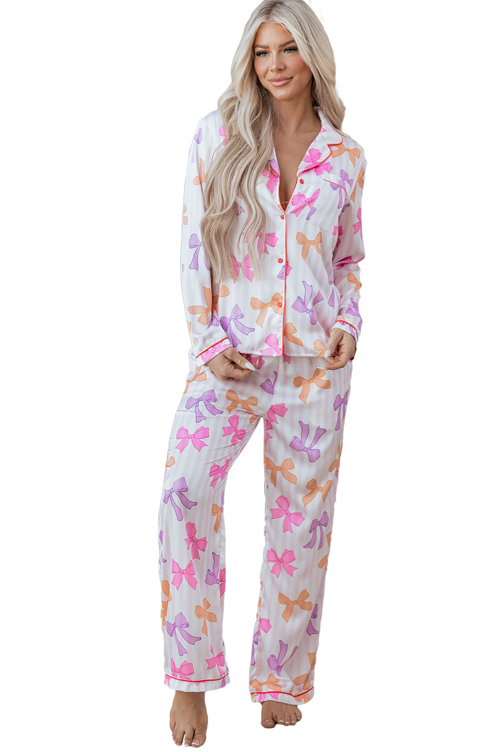 Striped Bow Print Contrast Piping Trim Shirt and Pants 2pcs Pajama Set