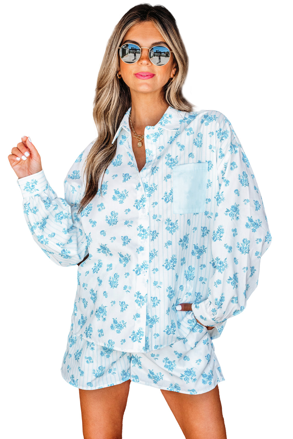 Floral Striped Print Contrast Patched Pocket Shirt and Shorts Set