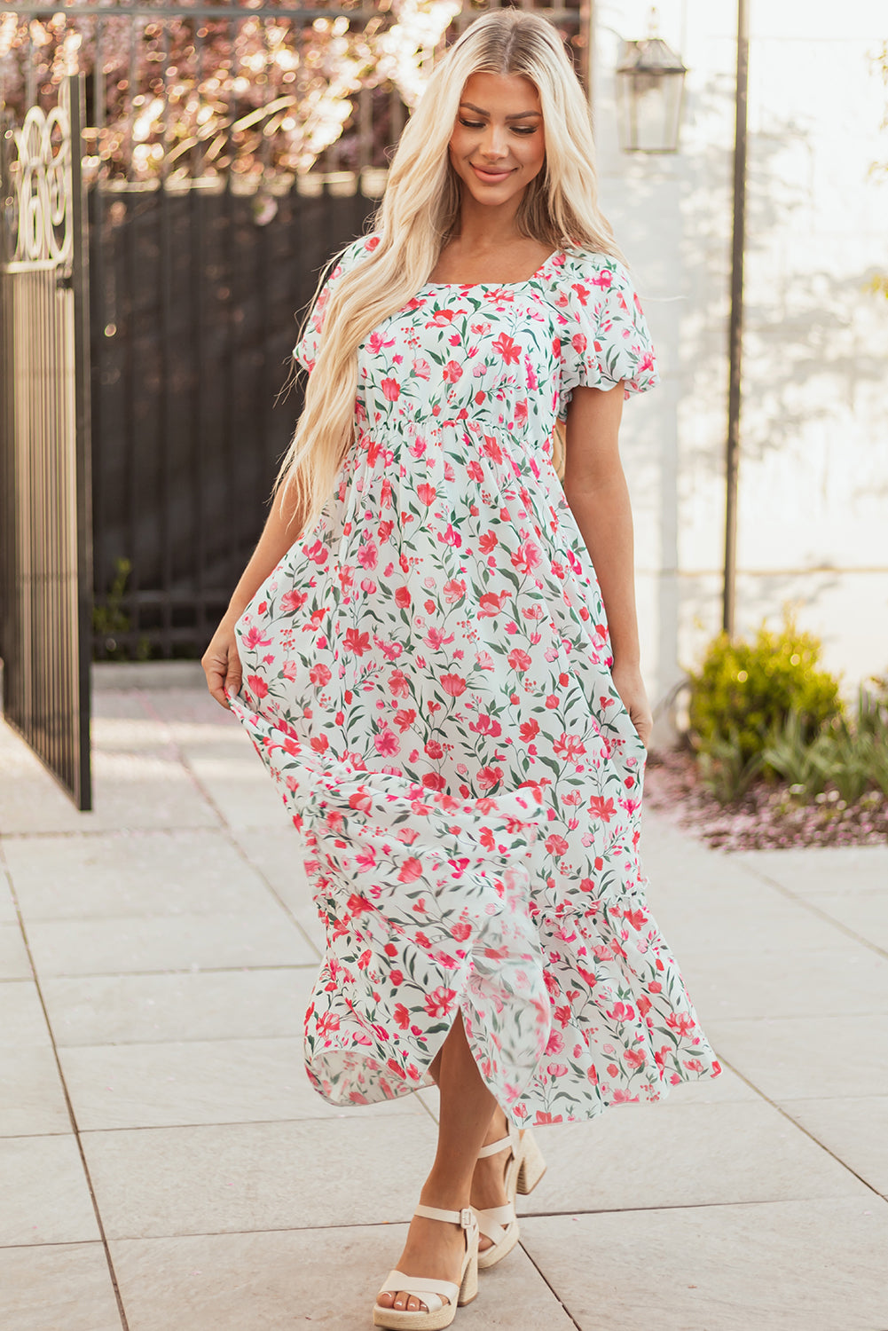Floral Puff Sleeve Square Neck Empire Waist Tiered Maxi Dress