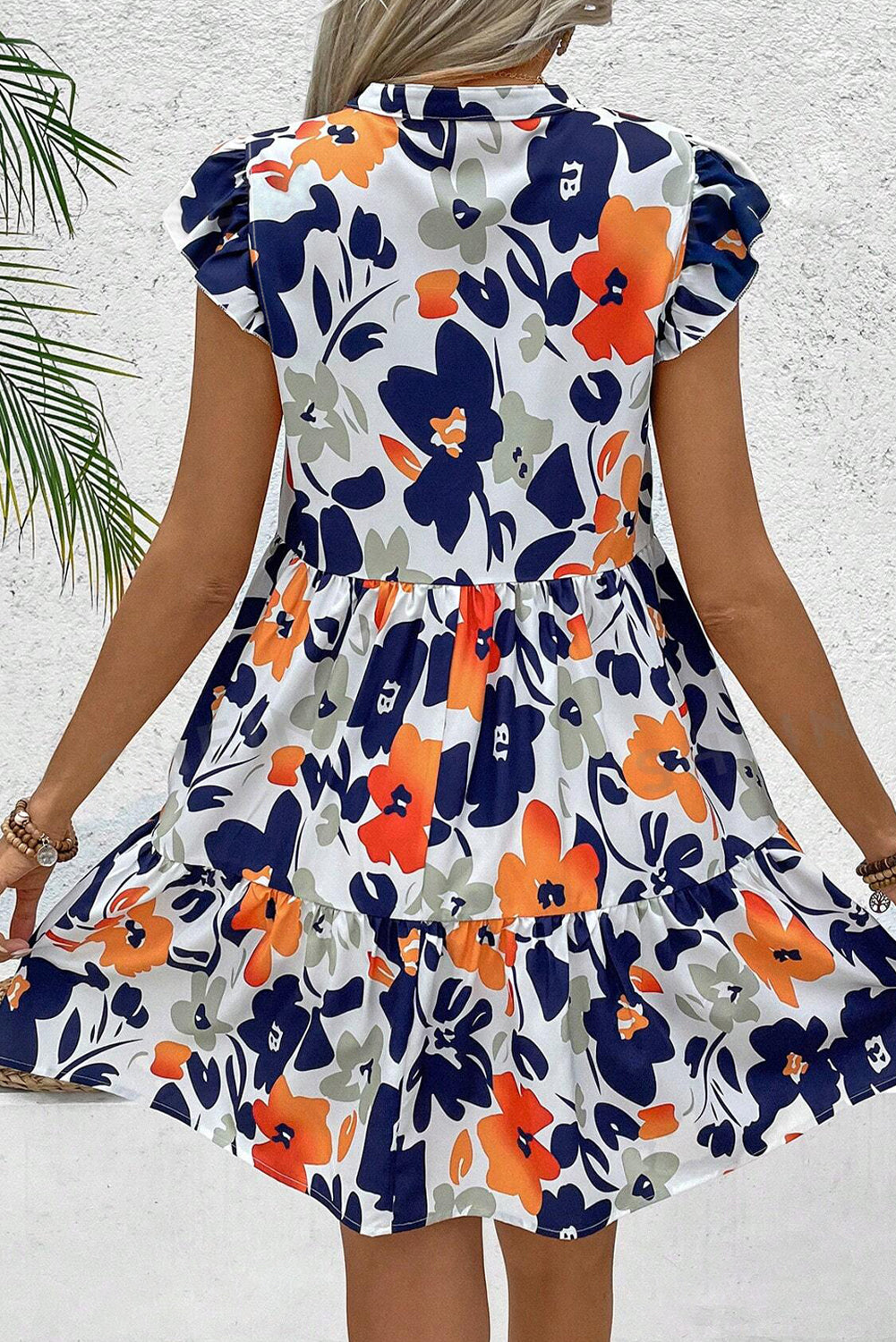 Floral Print Notched Neck Flutter Sleeve Mini Dress