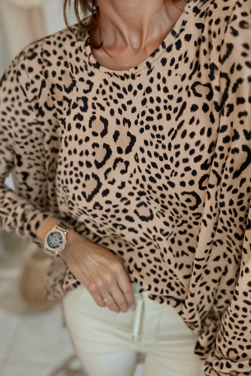 Leopard Print Long Batwing Sleeve Loose Top