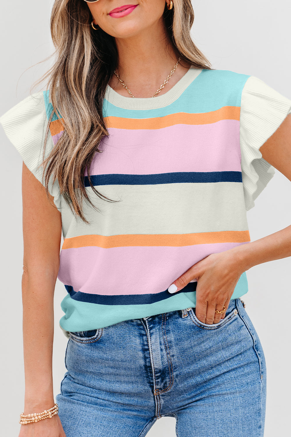 Striped Color Block Flutter Sleeve Patchwork Sweater Top