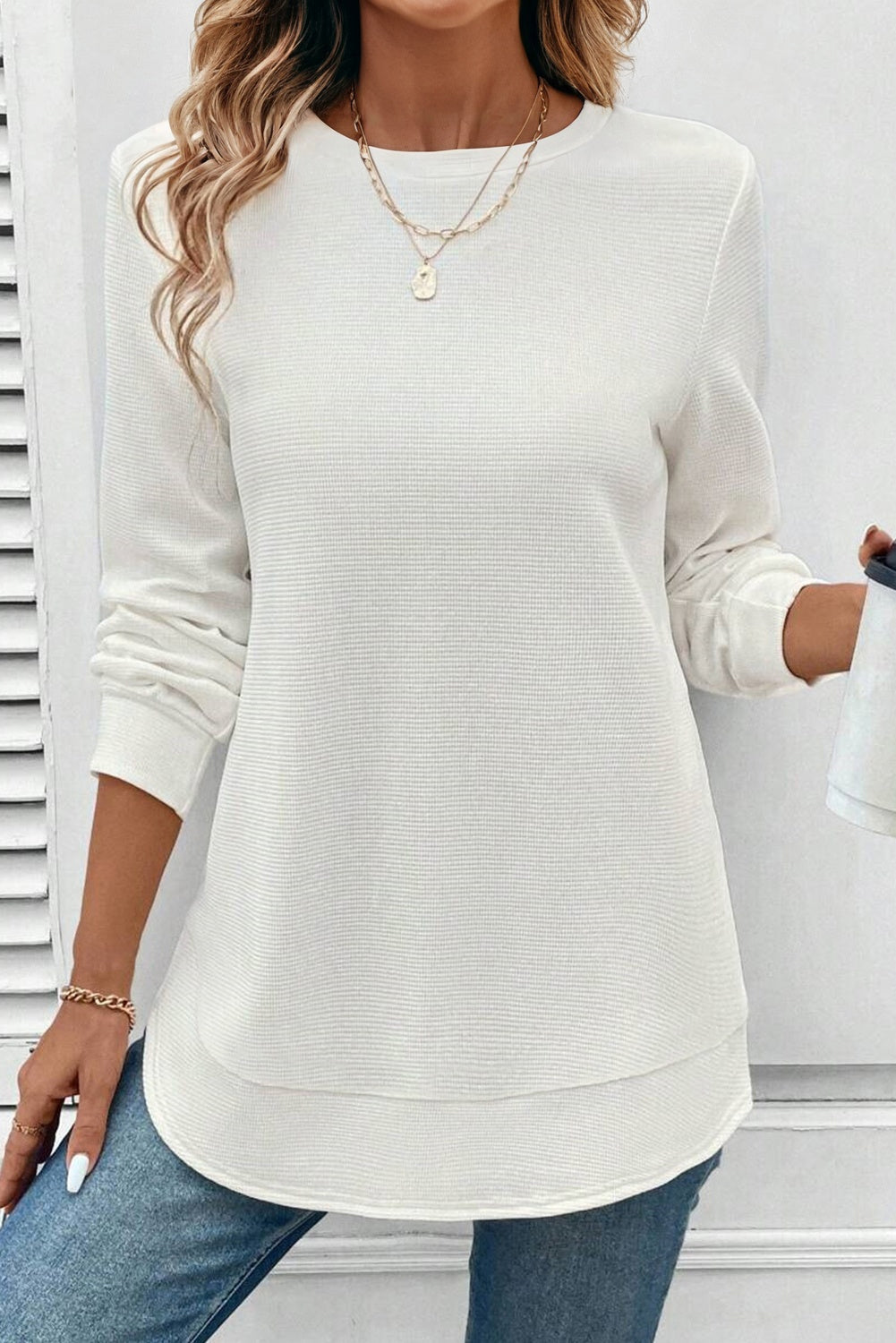 Rounded Hem Waffle Long Sleeve Top
