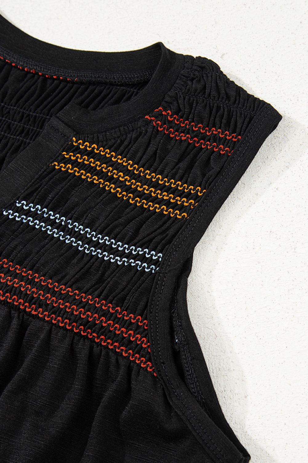 Colorful Shirred Yoke Notched V Neck Tank Top