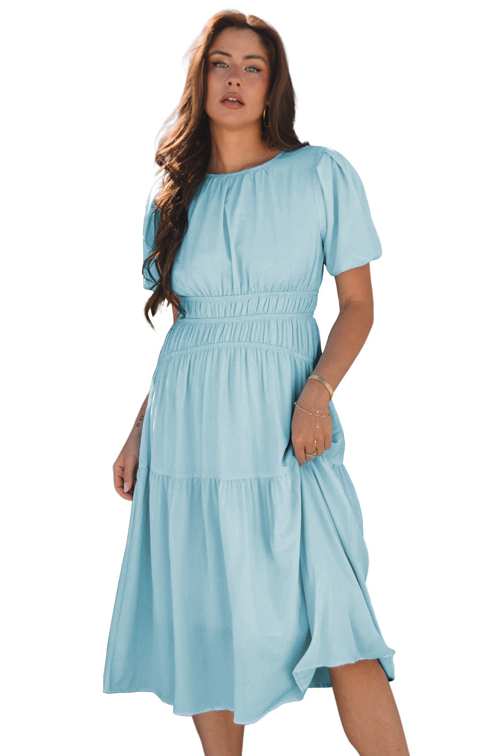 Puff Sleeve Pleated High Waist Flowy Long Dress