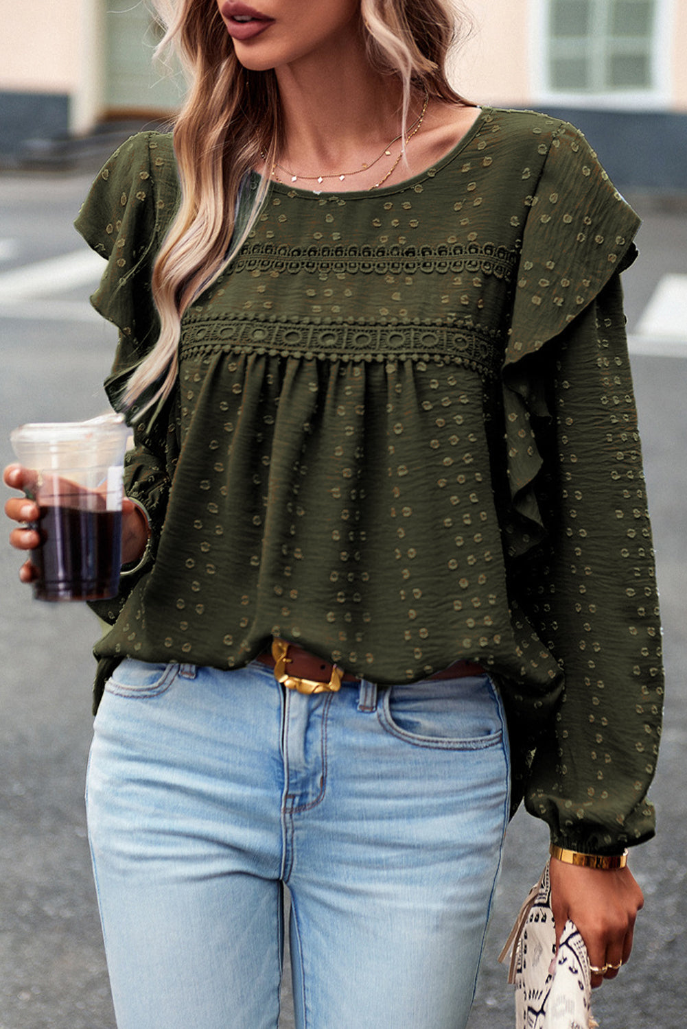 Lace Eyelet Ruffle Shoulder Long Sleeve Blouse