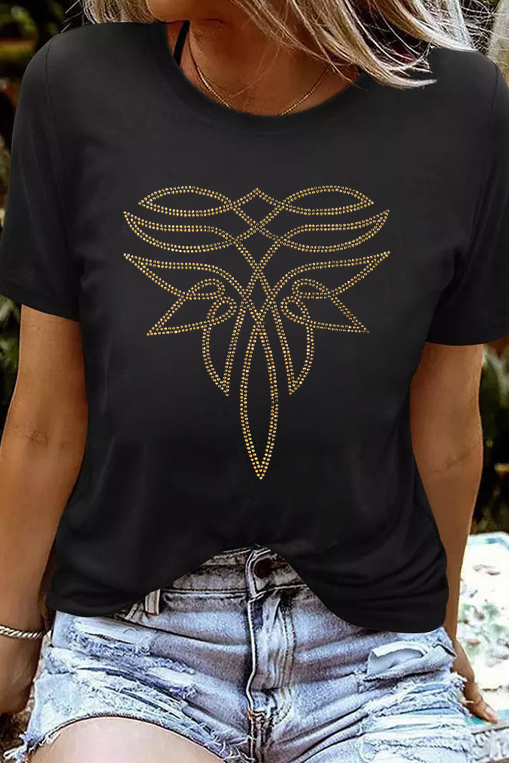 Rhinestone Western Pattern Cotton Blend Graphic T Shirt