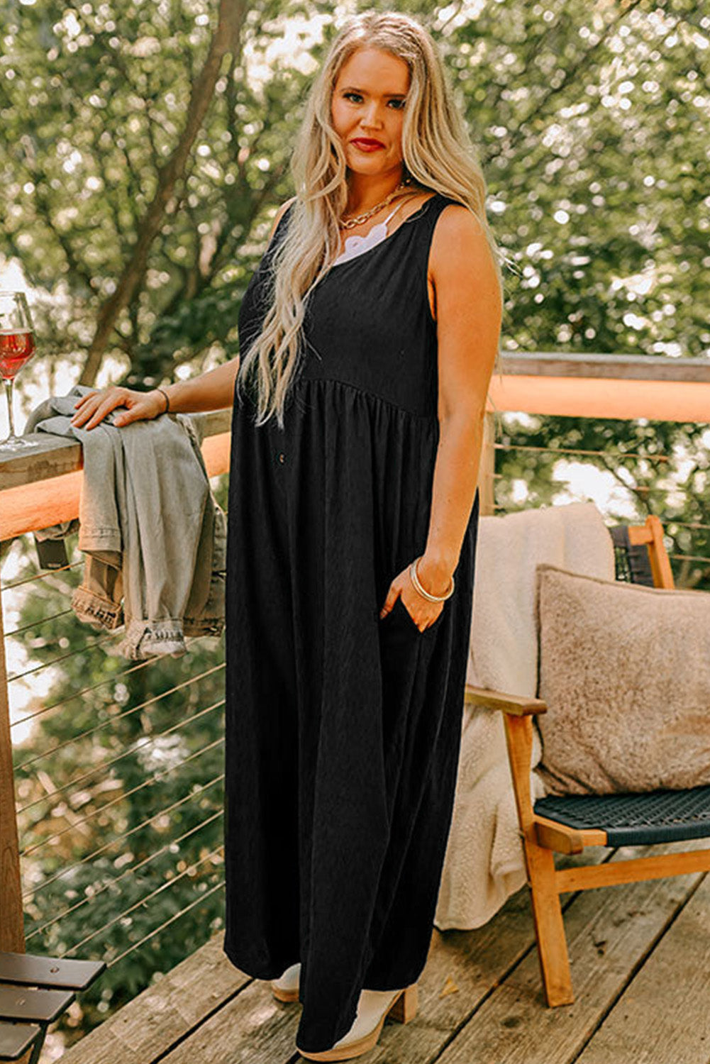 Plus Size Sleeveless Button Front Loose Jumpsuit