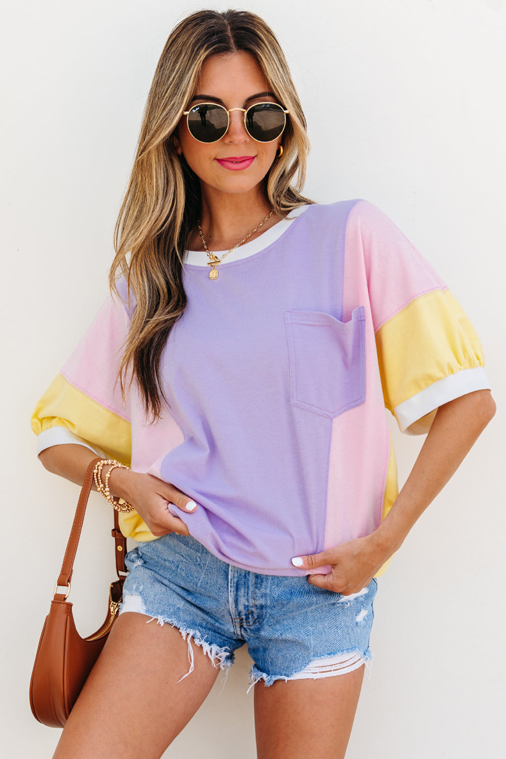 Color Block Patchwork Half Sleeve Oversized T Shirt