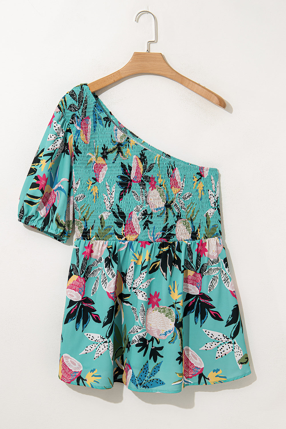 Plus Size Floral Smocked Bodice Single Puff Short Sleeve Babydoll Blouse