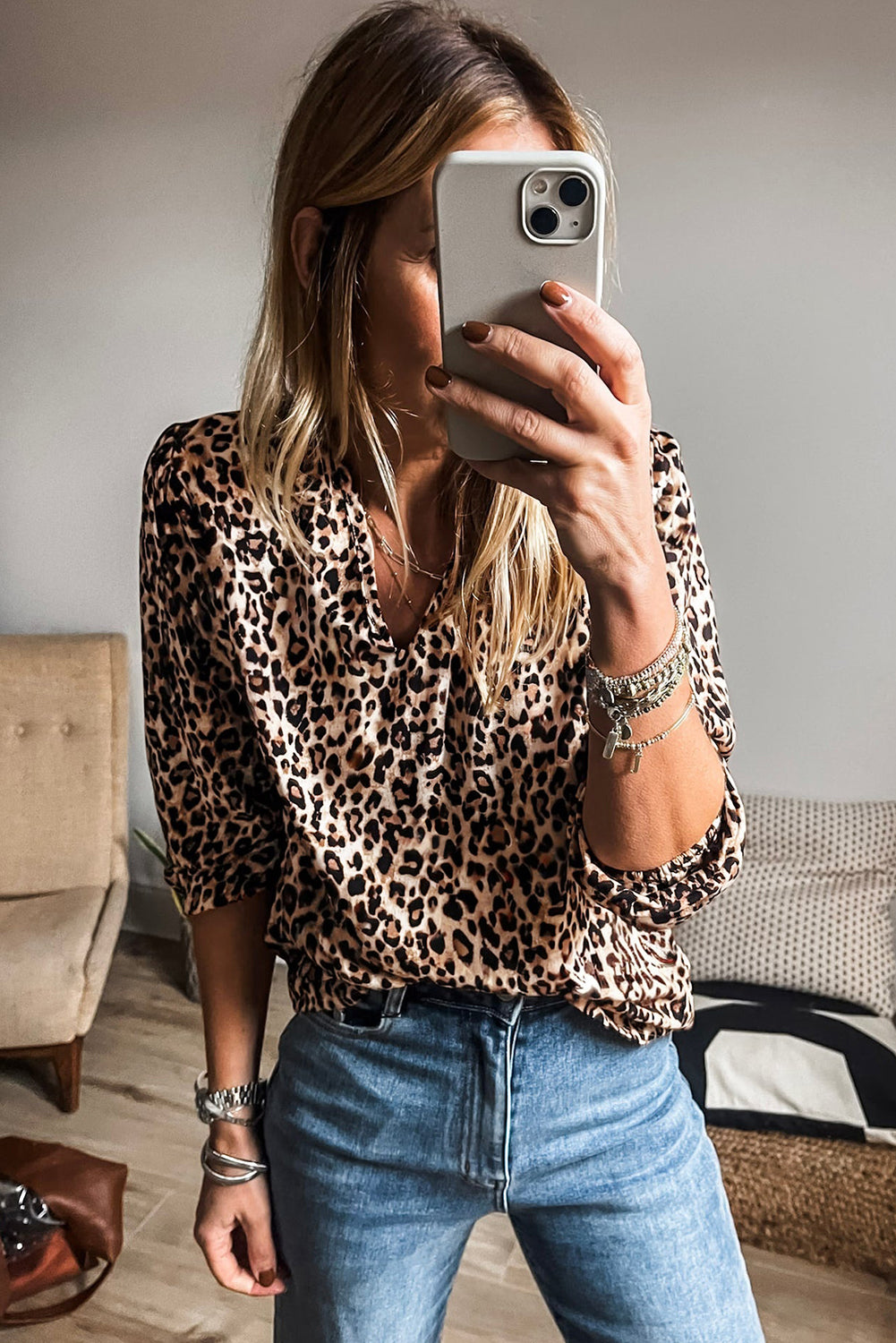 Leopard V Neck Half Sleeve Blouse